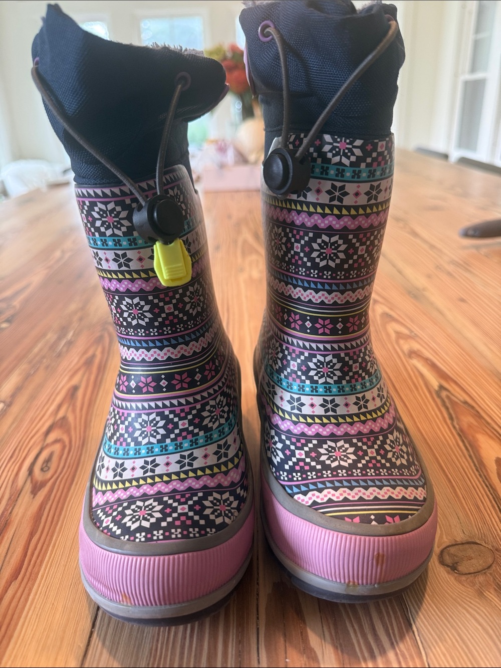 Western Chief Girls' Black Winter Rain Boots with Pink and Teal Pattern